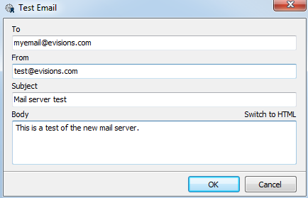This image shows the Test Email dialog where newly added email servers can be tested.